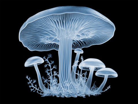 mushrooms in blue lights, in the style of transparent layers, intricately sculpted in the style of x-ray film in translucent color, detailed holographic fungi and plants illustration