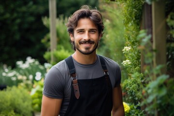 Naklejka na ściany i meble Handsome sporty male gardener smiling in the garden