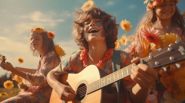 Young Hippie Boy And Girls Singing And Playing Song On Guitar At A Flower Power Festival Together.