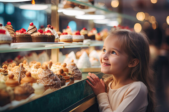 Girl choosing a dessert in a bakery  - Powered by Adobe