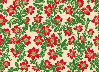 Floraler Hintergrund, Tapete oder Geschenkpapier in Rot, Grün, beige