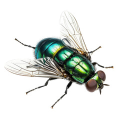 a green bottle fly, 3/4 view facing right, full body in an Agricultural-themed, photorealistic illustration in a PNG, cutout, and isolated. generative AI