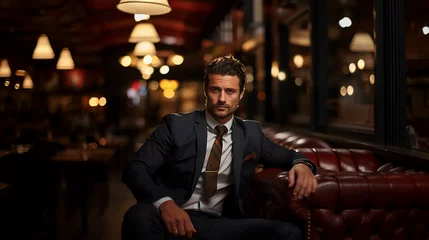 Foto op Plexiglas A handsome gentleman wearing a suit sitting relaxed in a dark room. © Blake