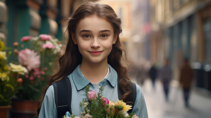 Fototapeta premium photo schoolgirl with long hair holding a bouquet of flowers with backpack back to school