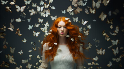 woman with red hair butterflies white flowers