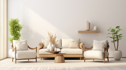 photo living room interior with wooden armchair and decor in cream