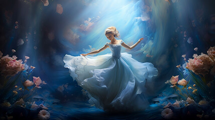 woman in blue dress dance art flowers
