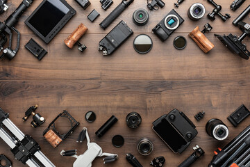 Short movie production essentials on wooden background with copy space in center. Different video...