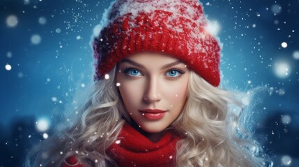 Illustrated portrait of a beautiful, attractive girl from imagination and dreams. Blonde young woman with blue eyes and red hat, white soft snow in the background.