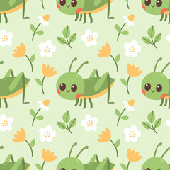 Seamless pattern of grasshopper, flowers and green leaf on green background vector illustration.
