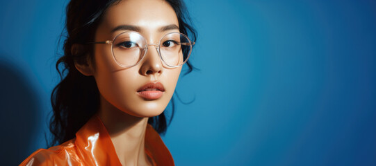 Close-up beauty portrait of a young asian woman model wearing glasses on a blue backdrop - 635178600