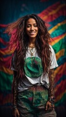 A woman with long hair posing in front of a vibrant and colorful backdrop