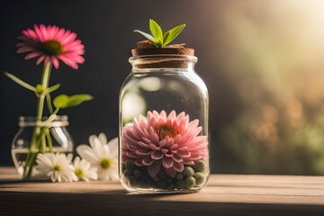 Flowers and flowers plant in a transparent bottle generate by AI tool