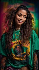 A woman with long hair wearing a green shirt