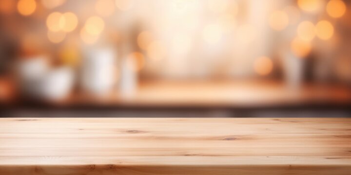 Empty Beautiful wood table top and blur bokeh modern kitchen interior background in clean and bright, Ready for product montage, generative ai