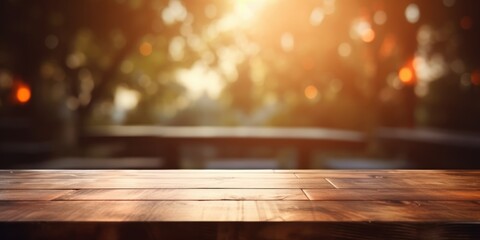 Empty wooden table with garden bokeh background, Template mock up for display of product, generative ai