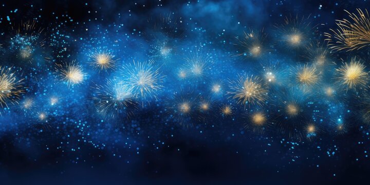 Abstract Background New Year, Cheering Crowd And Blue And Gold Fireworks And Celebrating Holiday, Copy Space, Generative Ai