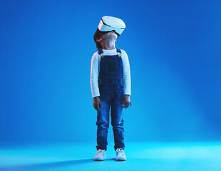 Glasses, virtual reality or technology with girl, futuristic or digital transformation on blue...