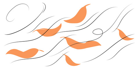 Line art the wind carrying fallen leaves. Doodle autumn weather. Vector illustration.