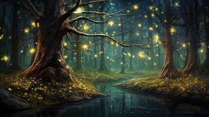 Enchanted forest with fireflies background, generated by AI.