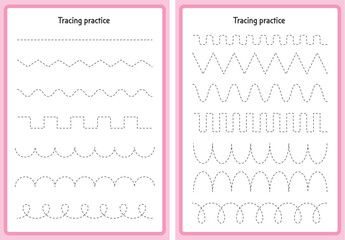 Preschool tracing worksheet for handwriting motor skills. Basic Tracing for kita kids.  Dashed shapes to trace. Hand-eye Coordination motor skills for children. tracing for kindergarten - obrazy, fototapety, plakaty