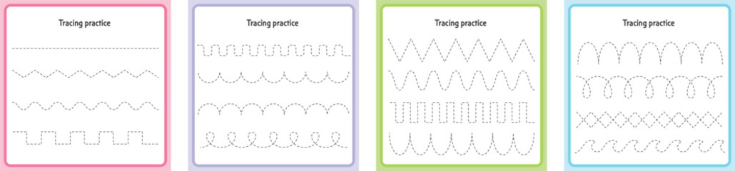 Preschool tracing worksheet for handwriting motor skills. Basic Tracing for kita kids.  Dashed shapes to trace. Hand-eye Coordination motor skills for children. tracing for kindergarten - obrazy, fototapety, plakaty