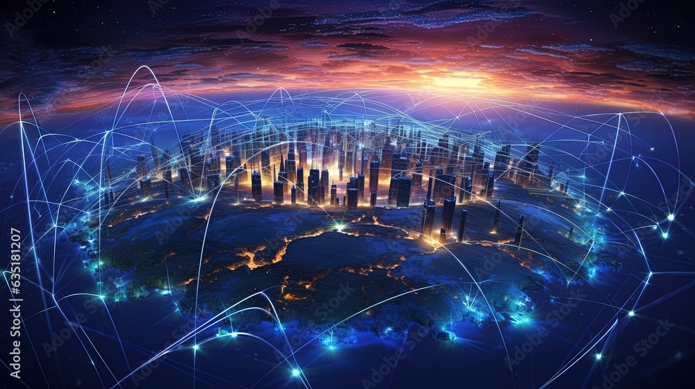 Wall mural global connection with network technology background, generated by ai