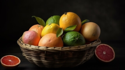 Fresh peeled pomelo, pummelo, grapefruit, shaddock on dark background in bamboo basket. Generative Ai