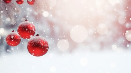 Fototapeta na wymiar christmas and new year holidays concept. Red balls on fir branches, winter snowy backdrop. festive winter season background. template for design. banner, copy space Generative AI