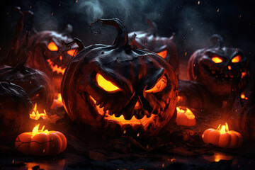 Halloween scene with pumpkins glowing in the spooky night. Halloween Pumpkins and lights