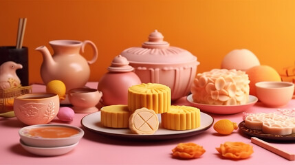 Sweet color of snow skin mooncake. Traditional mid autumn festival foods. Generative Ai
