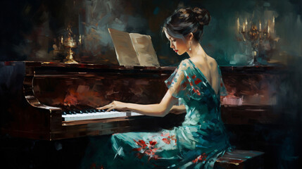 An oil painting of a woman playing Generative Ai