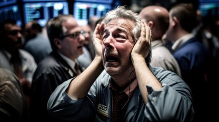 Stressed employee of the stock exchange, bank. Sres, overwork, stock market crash. Generative AI.