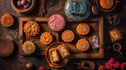 Obraz na płótnie Canvas Traditional chinese mooncakes with tea and decorations flat lay top view. Generative Ai
