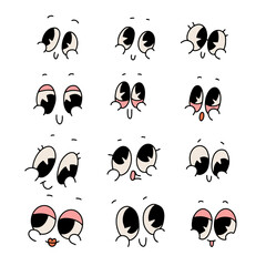 Vintage funny and happy set of retro cartoon faces. Vintage quirky characters smile collection. Funny muzzle with big cheeks, eyes and mouth. Contour vector illustration.