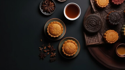 Fototapeta premium various shape moon cake,chinese dessert snack during lunar new year mid autumn festival. Generative Ai