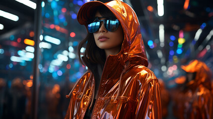 A young girl in a bright neon costume, a concept of the future, futuristic, motherhood