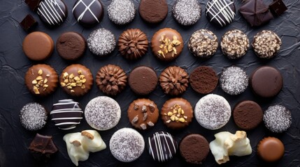 Assorted chocolates on a black background. Top view.
