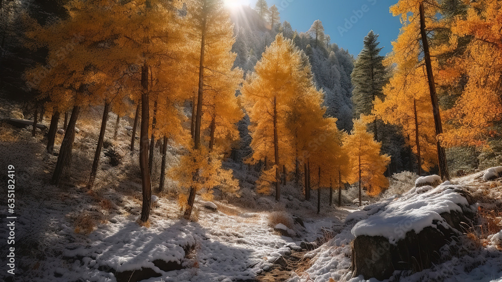 Wall mural beautiful shot of a small river flowing through a snowy forest with pine trees during the day. gener