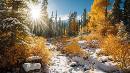 Autumn Color in the San Juan Mountains, snow in a pine forest on a sunny day after a snowfall. Generative Ai