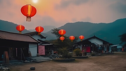 Chinese new year lanterns in old town areaxa, Chinese new year decoration. Generative Ai