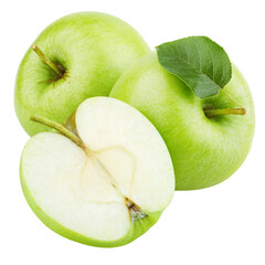 Group of ripe green apple fruits with apple half without seeds and green leaf isolated on transparent background.