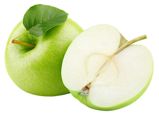 Ripe green apple fruit half and green leaf isolated on transparent background