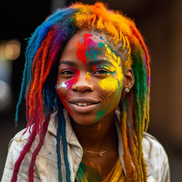Young dark-skinned African woman with rainbow hair looks and smiles, close-up portrait