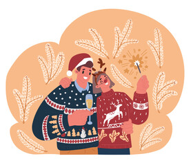Vector illustration of couple friends having fun with sparklers. Man and woman celebrate Merry Christmas and Happy New Year.