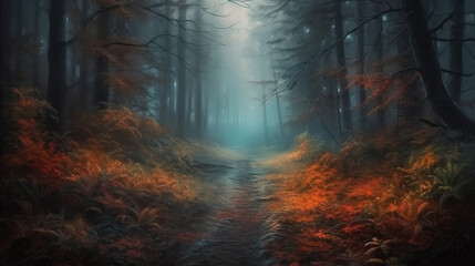 last month of autumn, Misty forest path at dawn on the first day of autumn. Generative Ai
