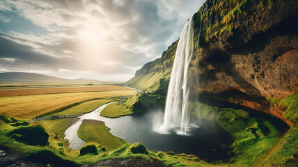 Perfect view of powerful Seljalandsfoss waterfall in sunlight,Location place Iceland. Generative Ai