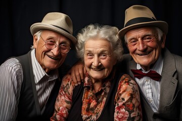 World Senior Citizens Day. International Day of Older Persons. Studio Group portrait of Happy senior people, elderly retired men and women sitting together outdoor sunny day