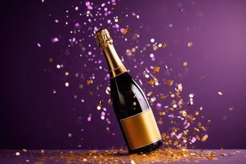 Champagne bottle with gold confetti stars on purple  background. Party and festive scene....