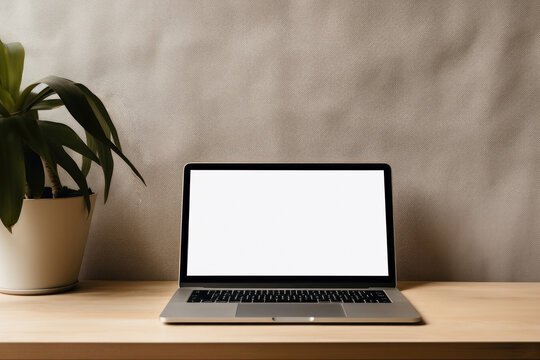 Wooden table with a laptop white screen black and a potted plant with cream background. High quality photo